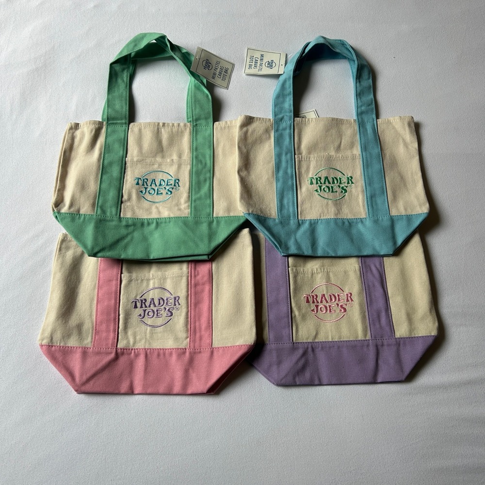 Trader Joes Mini Pastel Canvas Tote Bag Set of 4 Pink Blue Green Purple NWT